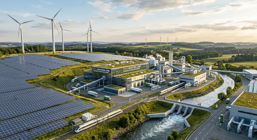 Aerial view of a renewable-powered industrial site with solar fields, wind turbines and a hydro dam