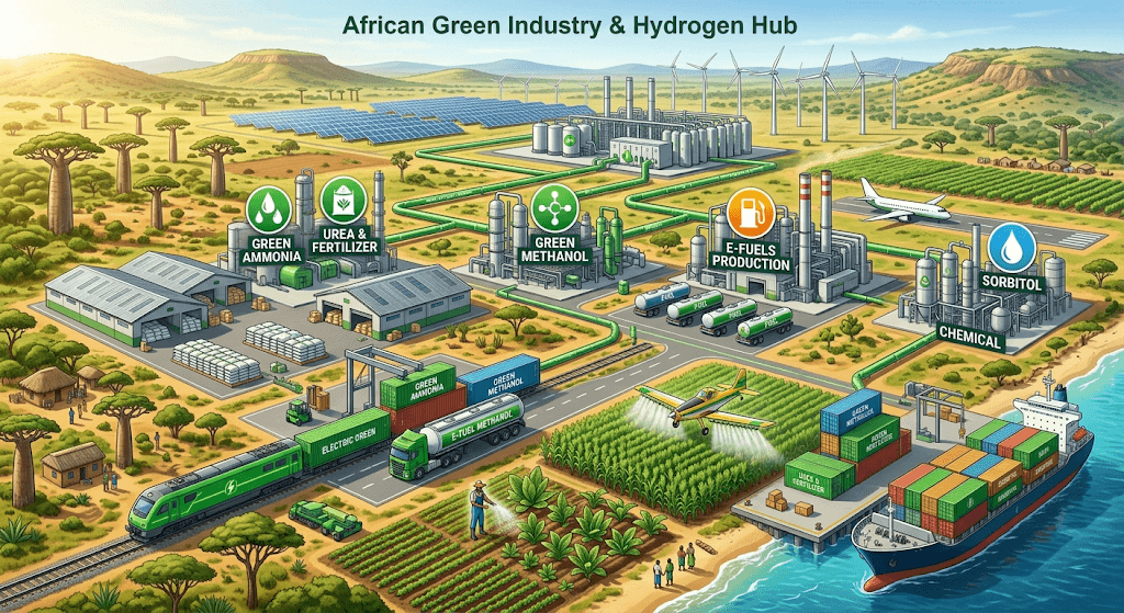 Concept illustration of an African green industry hub: a fertilizer warehouse, ammonia and methanol plants, farmland and a port