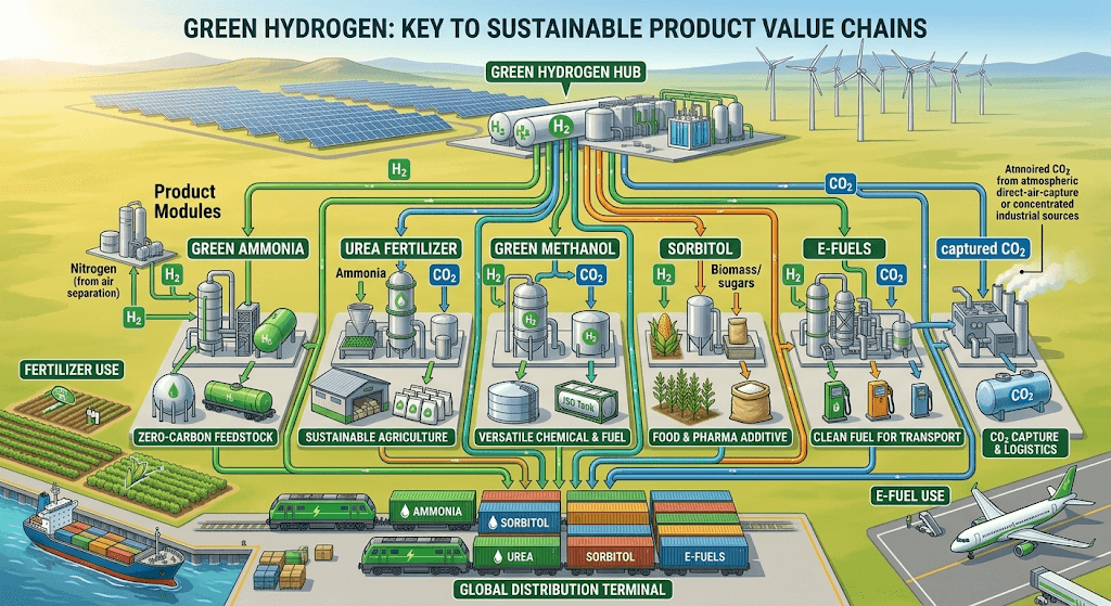 Diagram: a green hydrogen hub, powered by solar and wind, supplies green ammonia, urea fertilizer, green methanol, sorbitol and e-fuels. Captured CO2 feeds the urea, methanol and e-fuel plants, and every product leaves through a global distribution terminal.