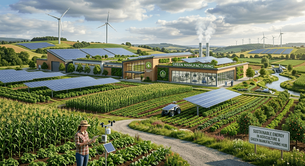A farmer checking her crops on a tablet beside solar panels, with a green manufacturing plant behind her