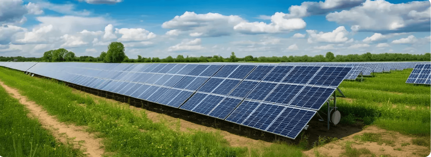 Rows of solar panels across a green field under a bright sky
