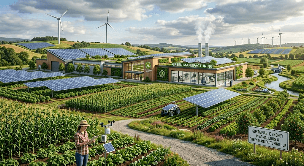 A farmer checking her crops on a tablet beside solar panels, with a green manufacturing plant behind her