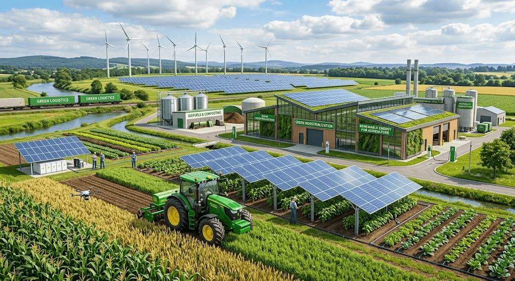 A tractor working crop rows between solar panels, with a green processing plant and a river behind