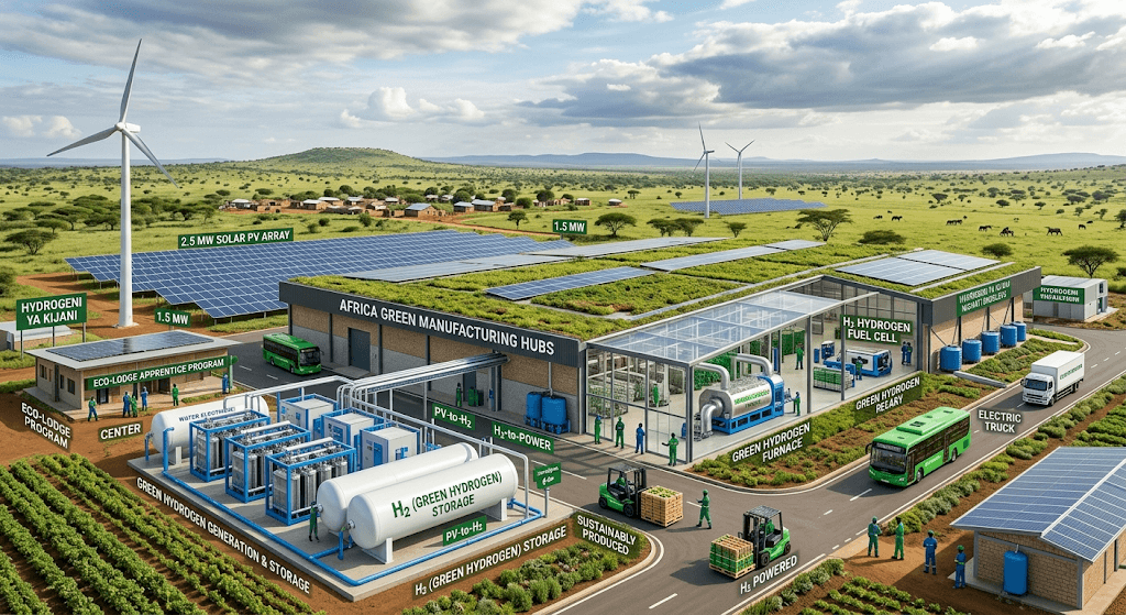 A green manufacturing hub with a solar array, hydrogen storage tanks and wind turbines beside farmland