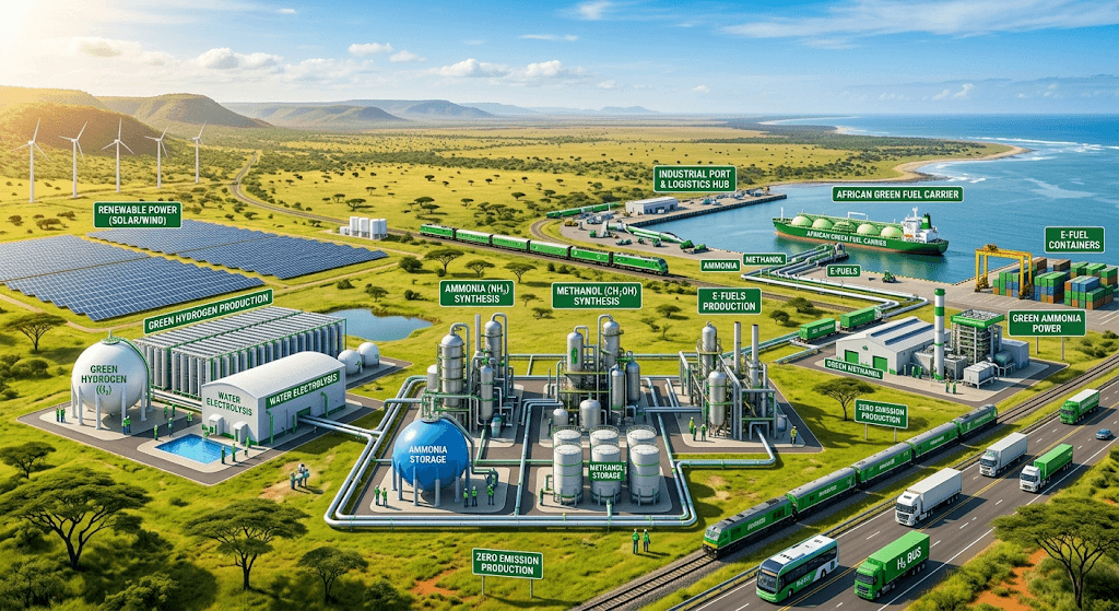 Concept illustration of a green hydrogen hub: solar and wind power, water electrolysis, ammonia and methanol synthesis, and a port